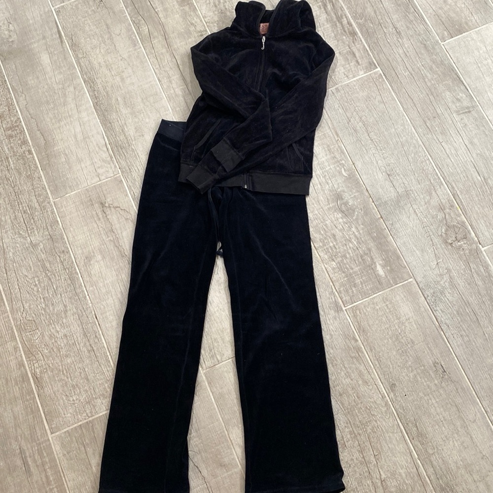 Juicy Couture Jump Suit, black velour. Top is size M and bottoms are size small.